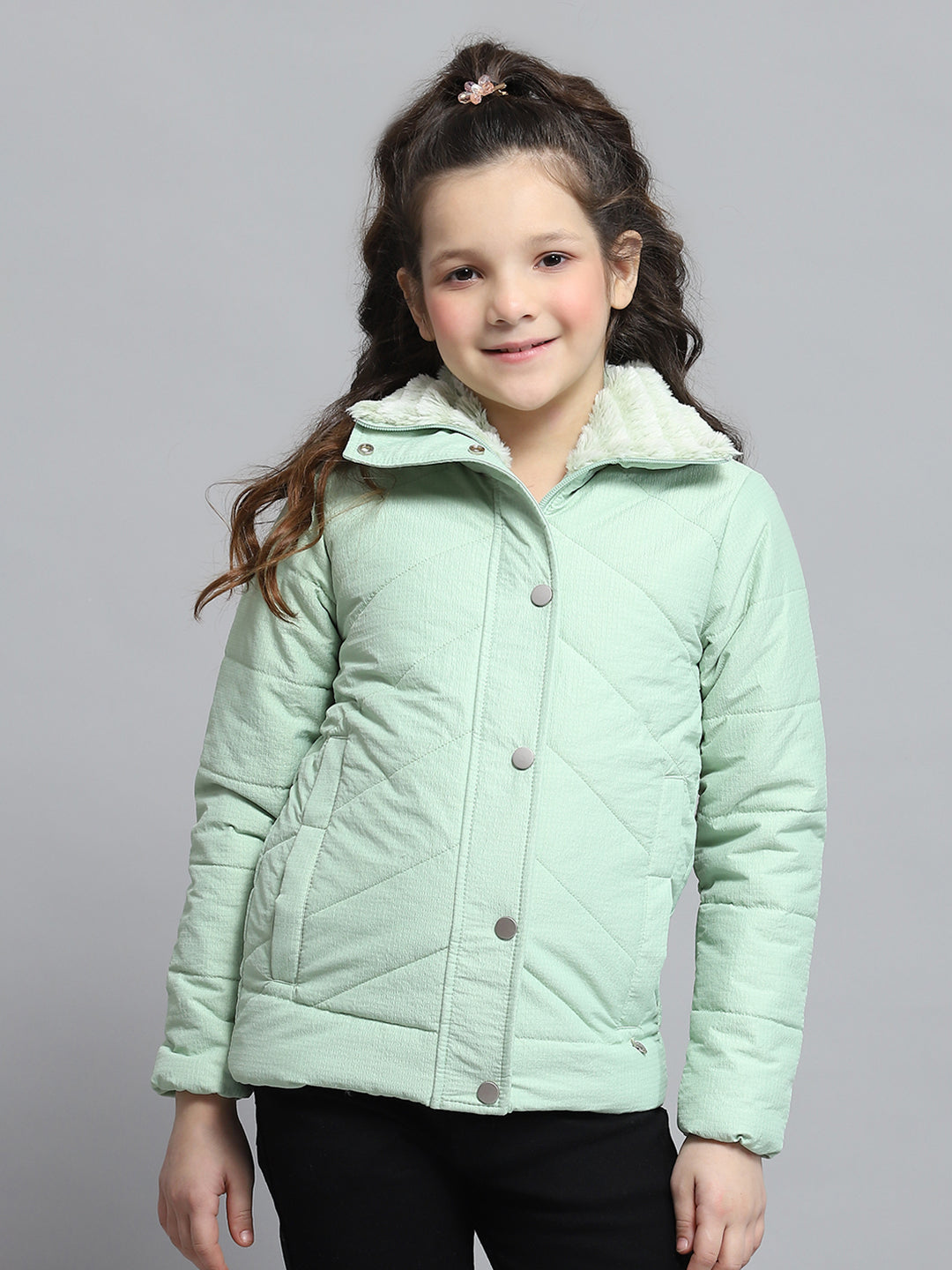 Girls Green Self Design Collar Full Sleeve Jacket