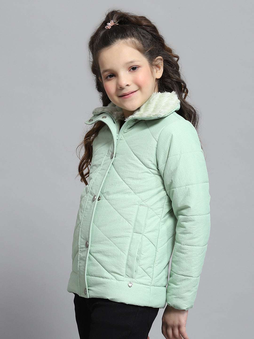 Girls Green Self Design Collar Full Sleeve Jacket