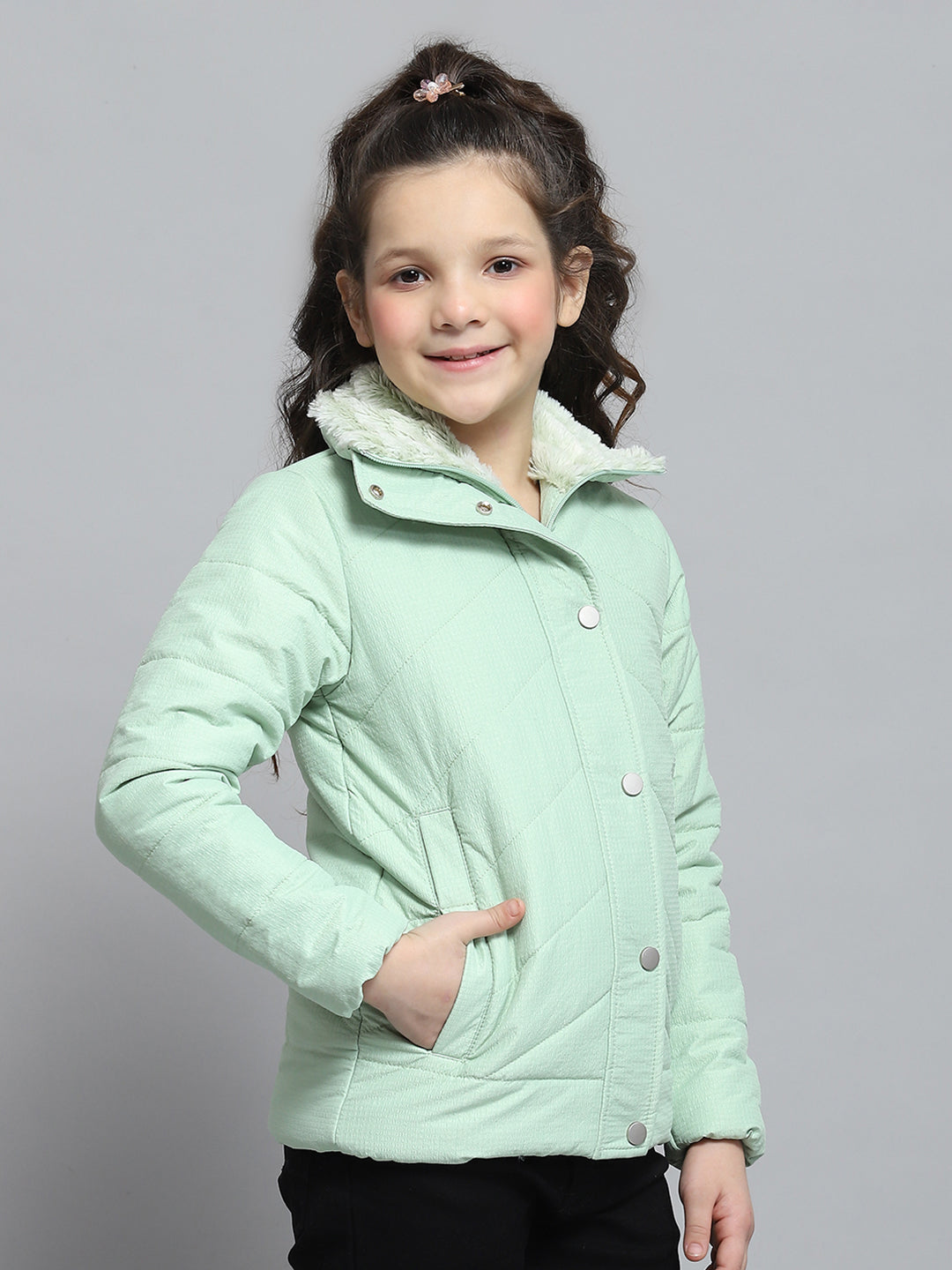 Girls Green Self Design Collar Full Sleeve Jacket