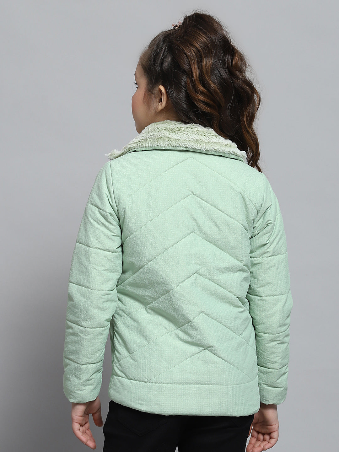 Girls Green Self Design Collar Full Sleeve Jacket