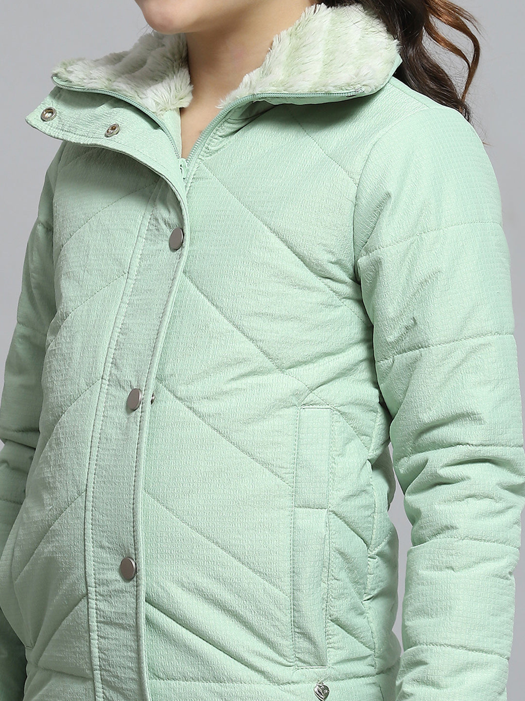 Girls Green Self Design Collar Full Sleeve Jacket