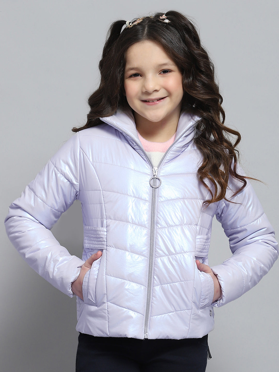 Girls Purple Self Design Collar Full Sleeve Jacket
