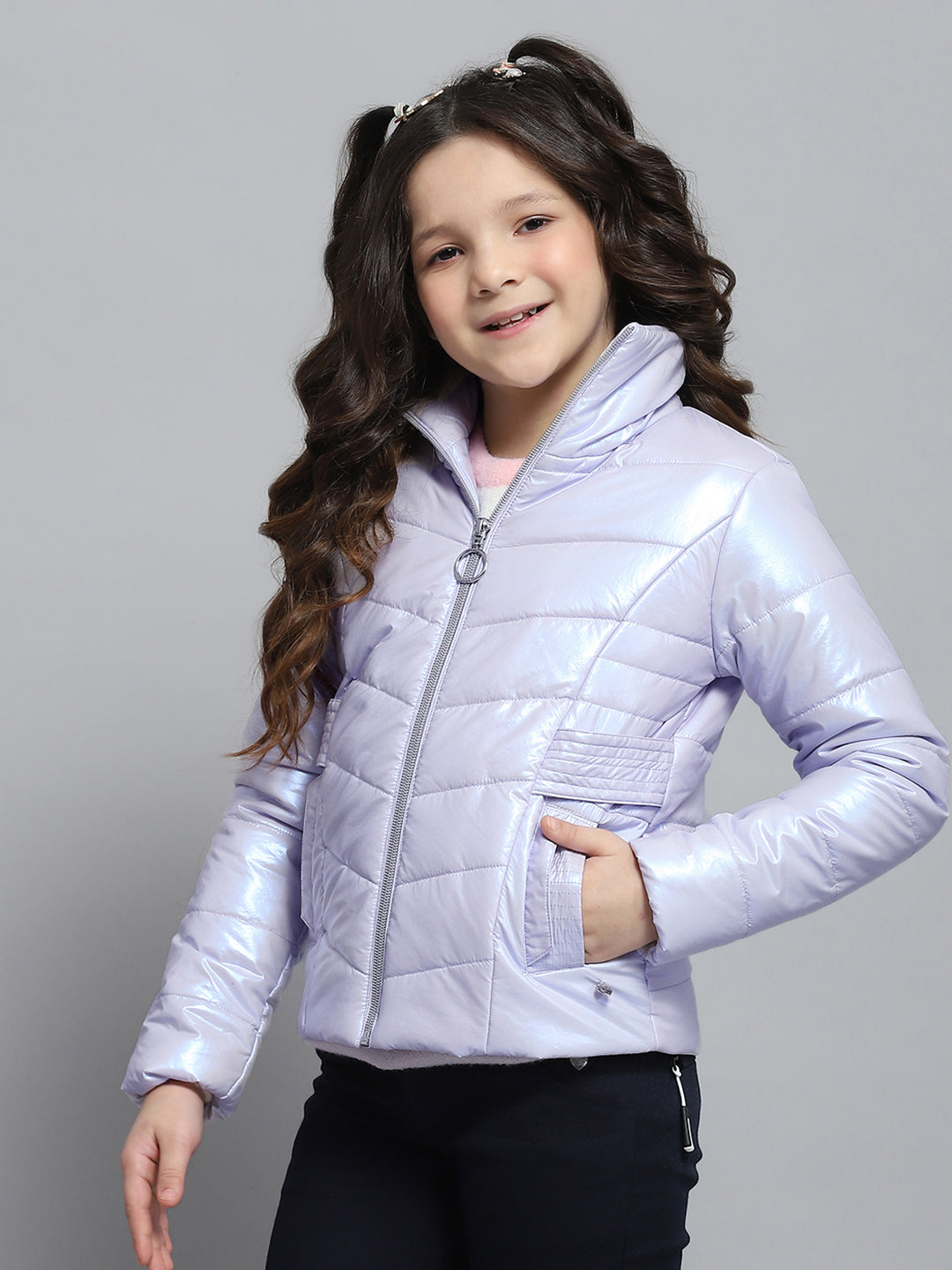 Girls Purple Self Design Collar Full Sleeve Jacket