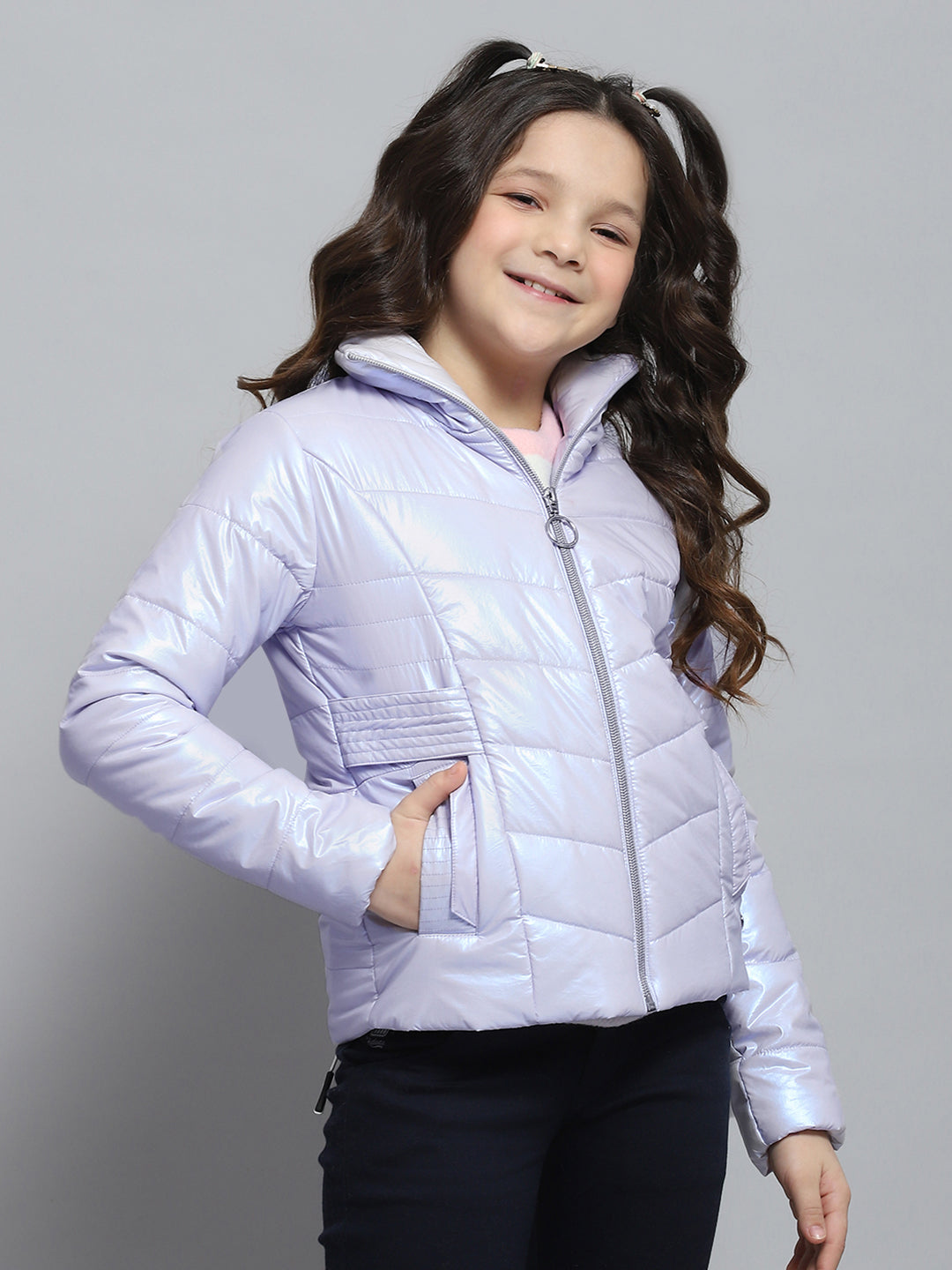 Girls Purple Self Design Collar Full Sleeve Jacket