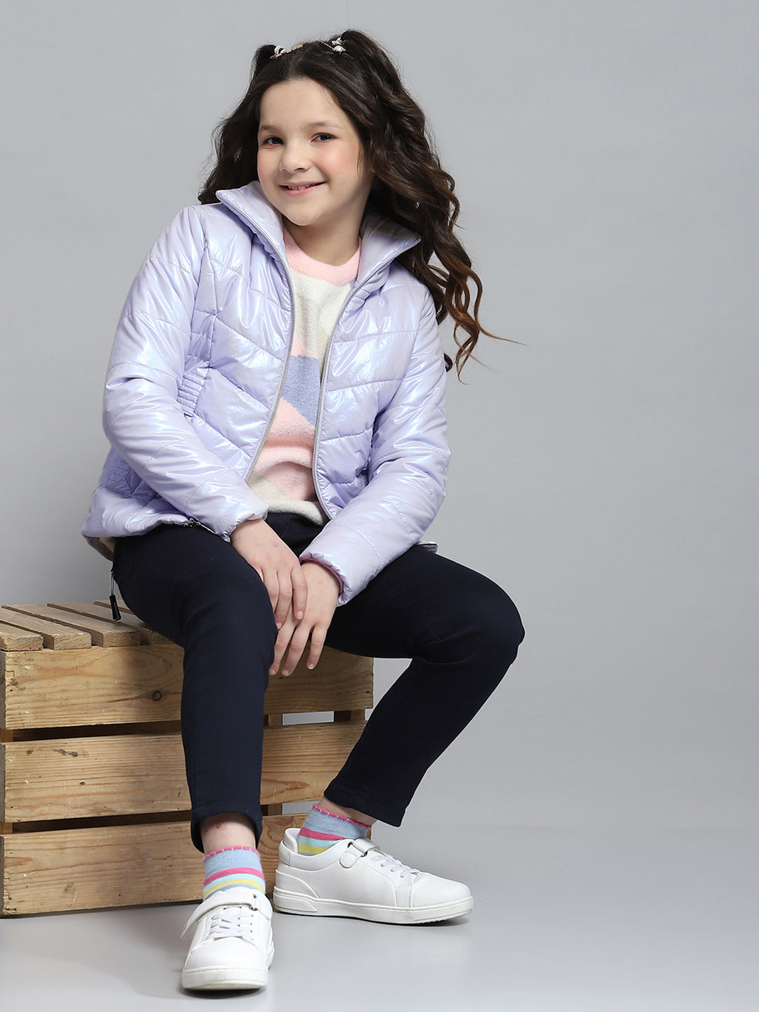 Girls Purple Self Design Collar Full Sleeve Jacket