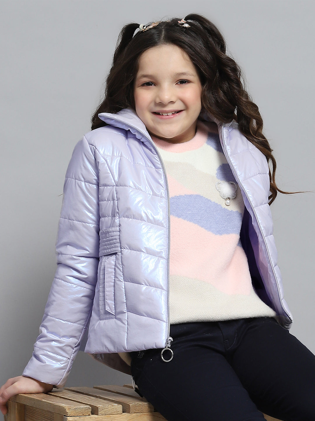 Girls Purple Self Design Collar Full Sleeve Jacket