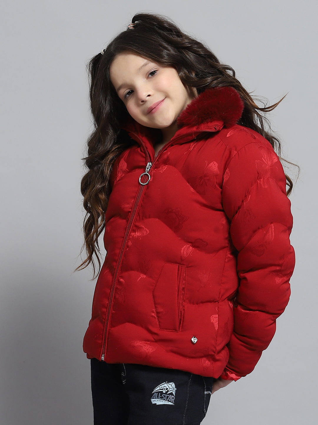 Girls Red Self Design Collar Full Sleeve Jacket