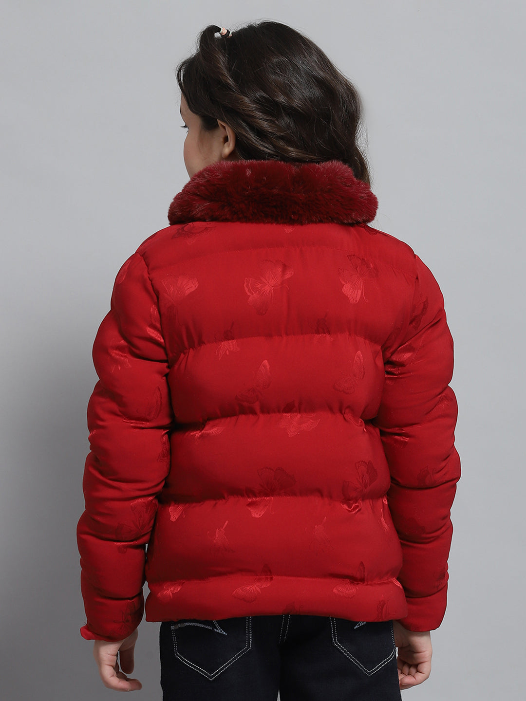 Girls Red Self Design Collar Full Sleeve Jacket