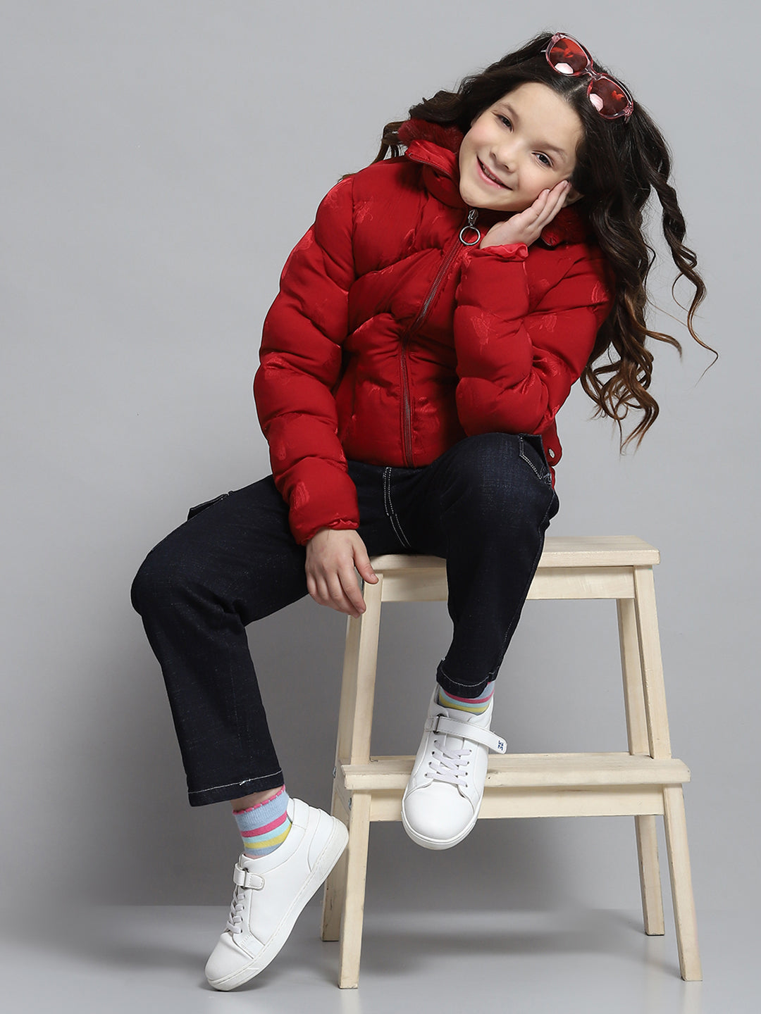 Girls Red Self Design Collar Full Sleeve Jacket
