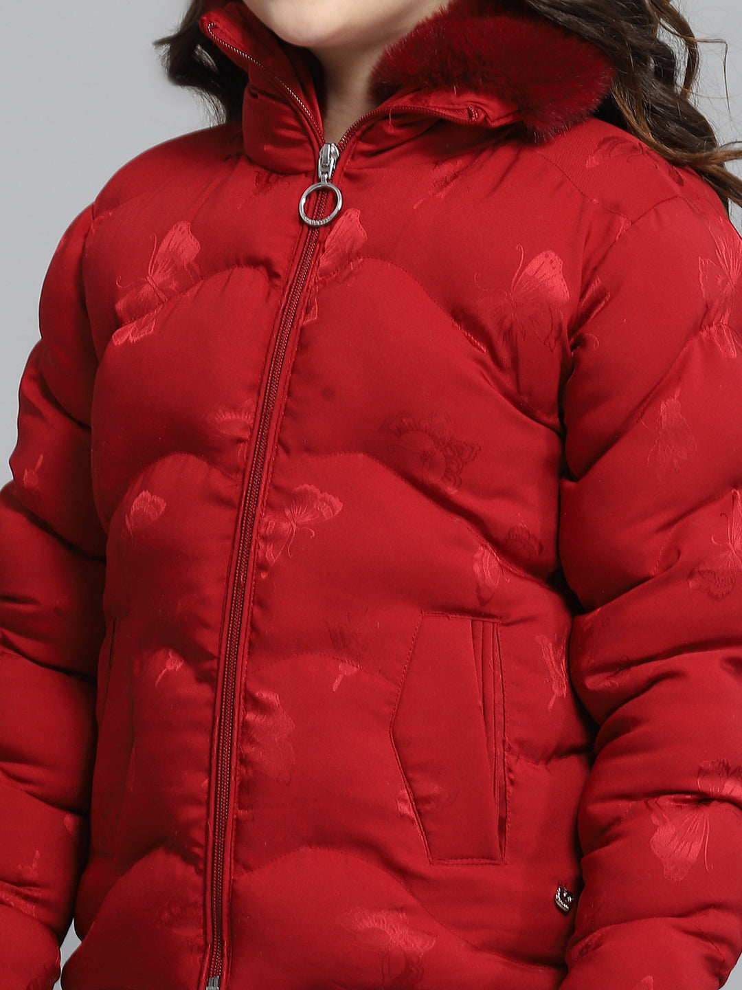 Girls Red Self Design Collar Full Sleeve Jacket