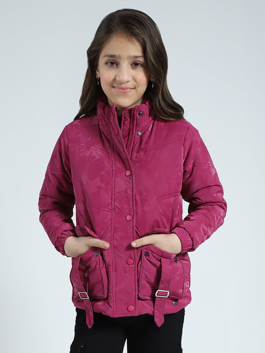 Girls Pink Solid Mock Neck Full Sleeve Jacket