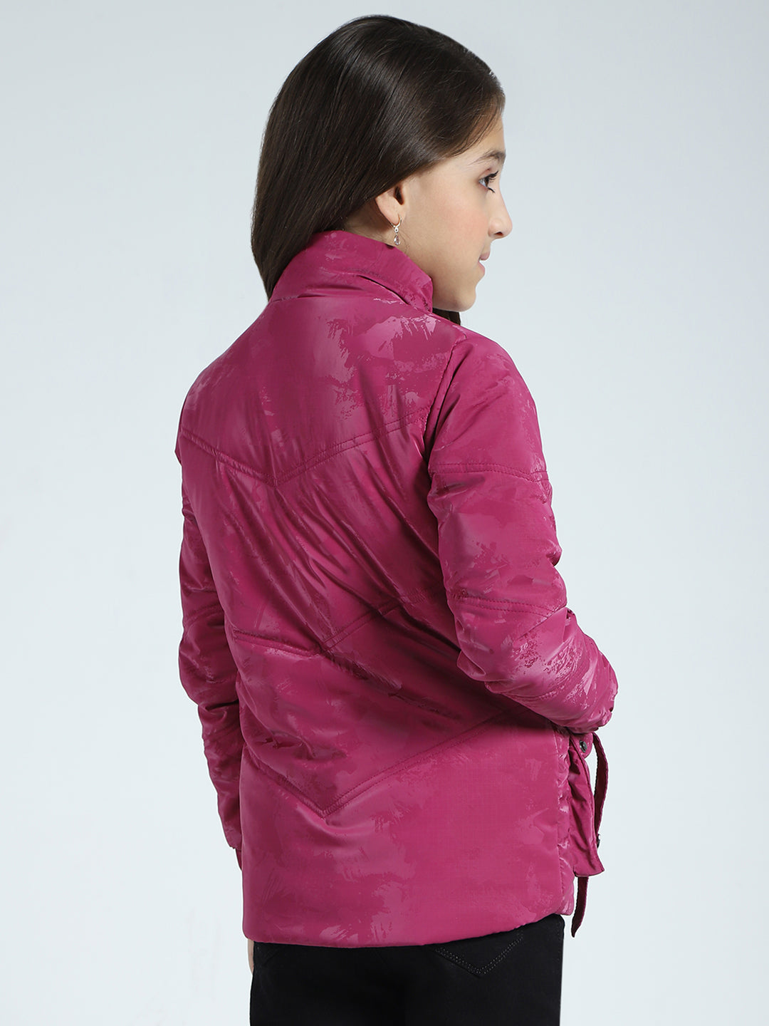 Girls Pink Solid Mock Neck Full Sleeve Jacket