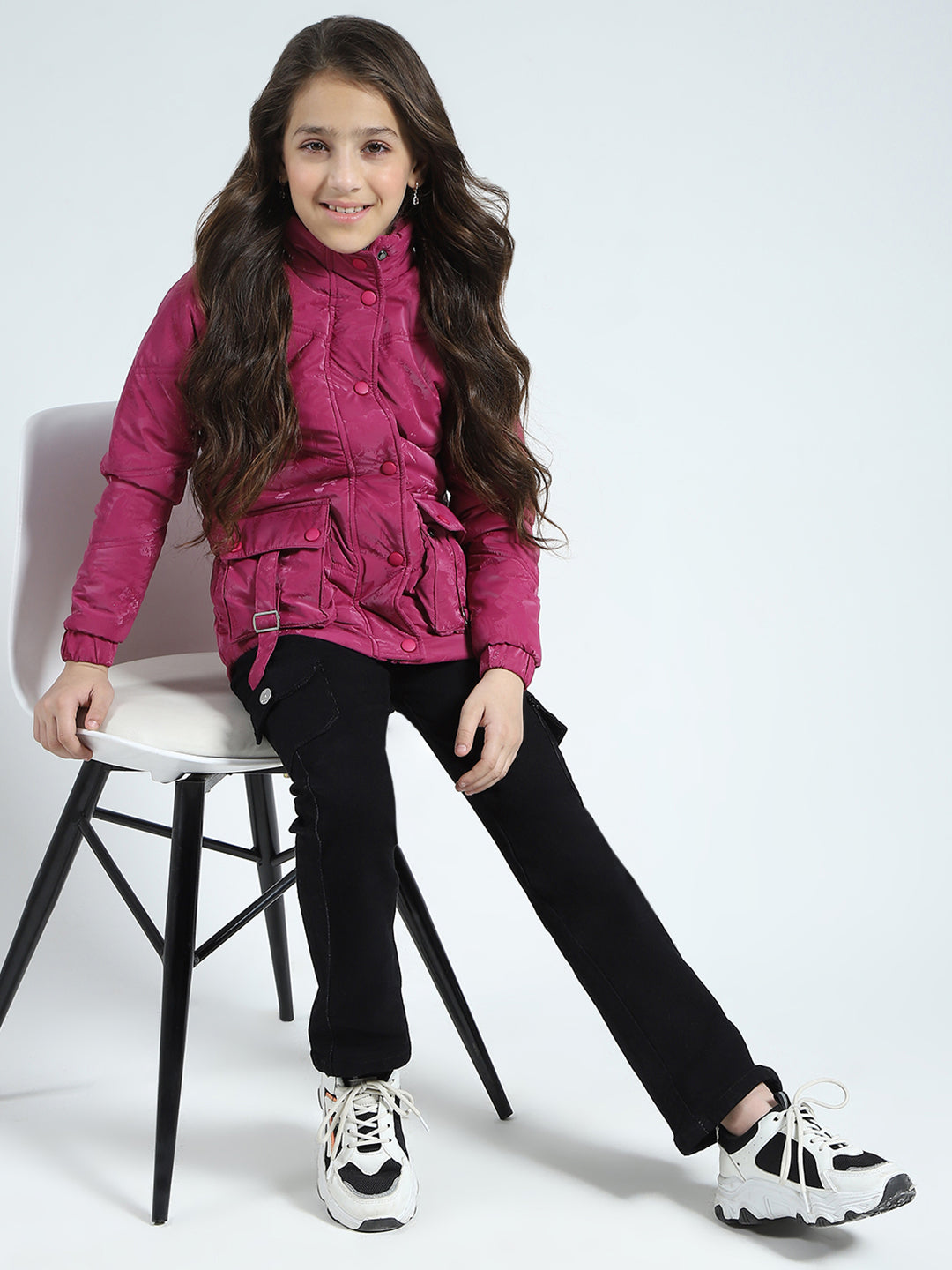 Girls Pink Solid Mock Neck Full Sleeve Jacket