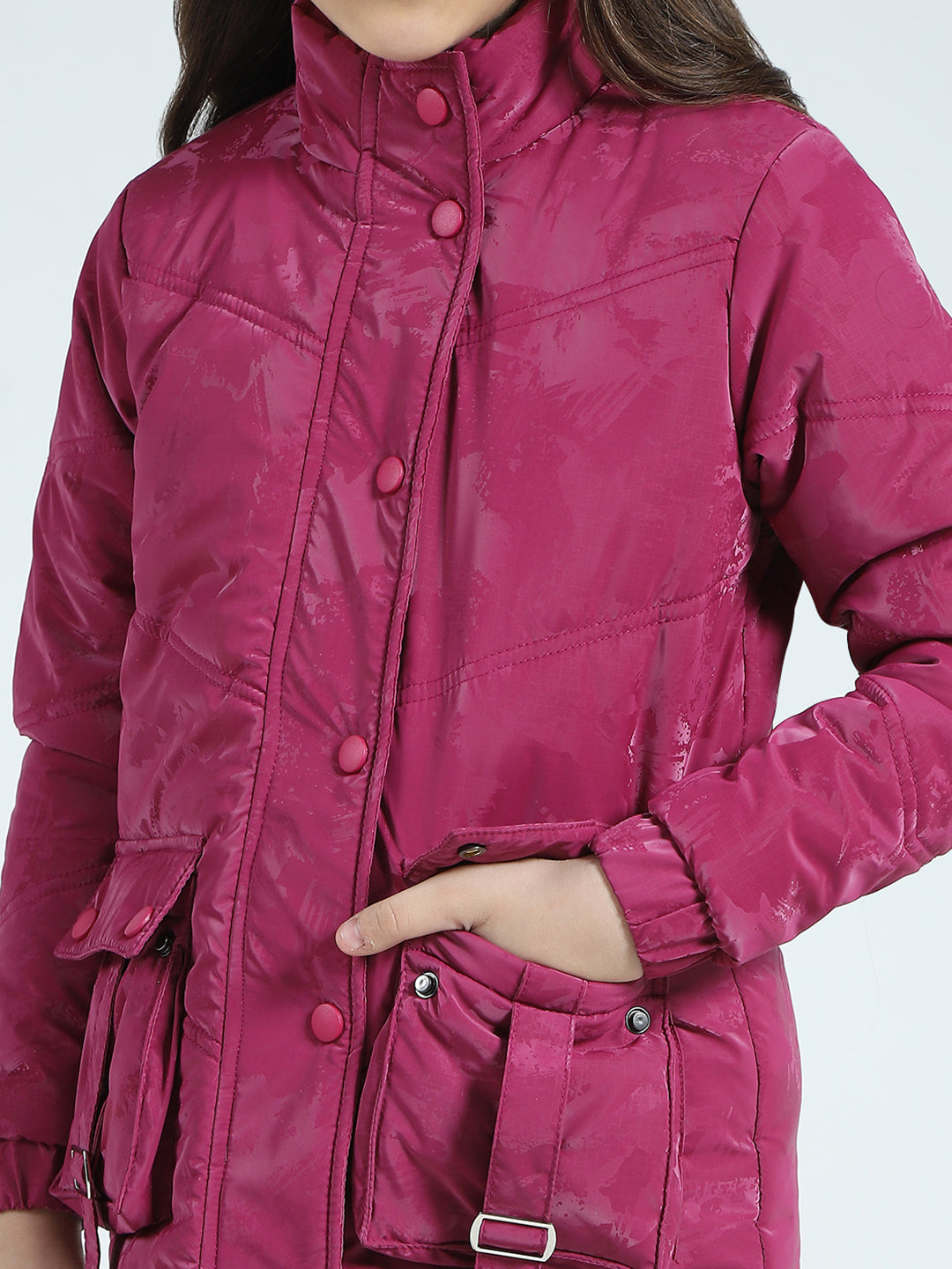 Girls Pink Solid Mock Neck Full Sleeve Jacket