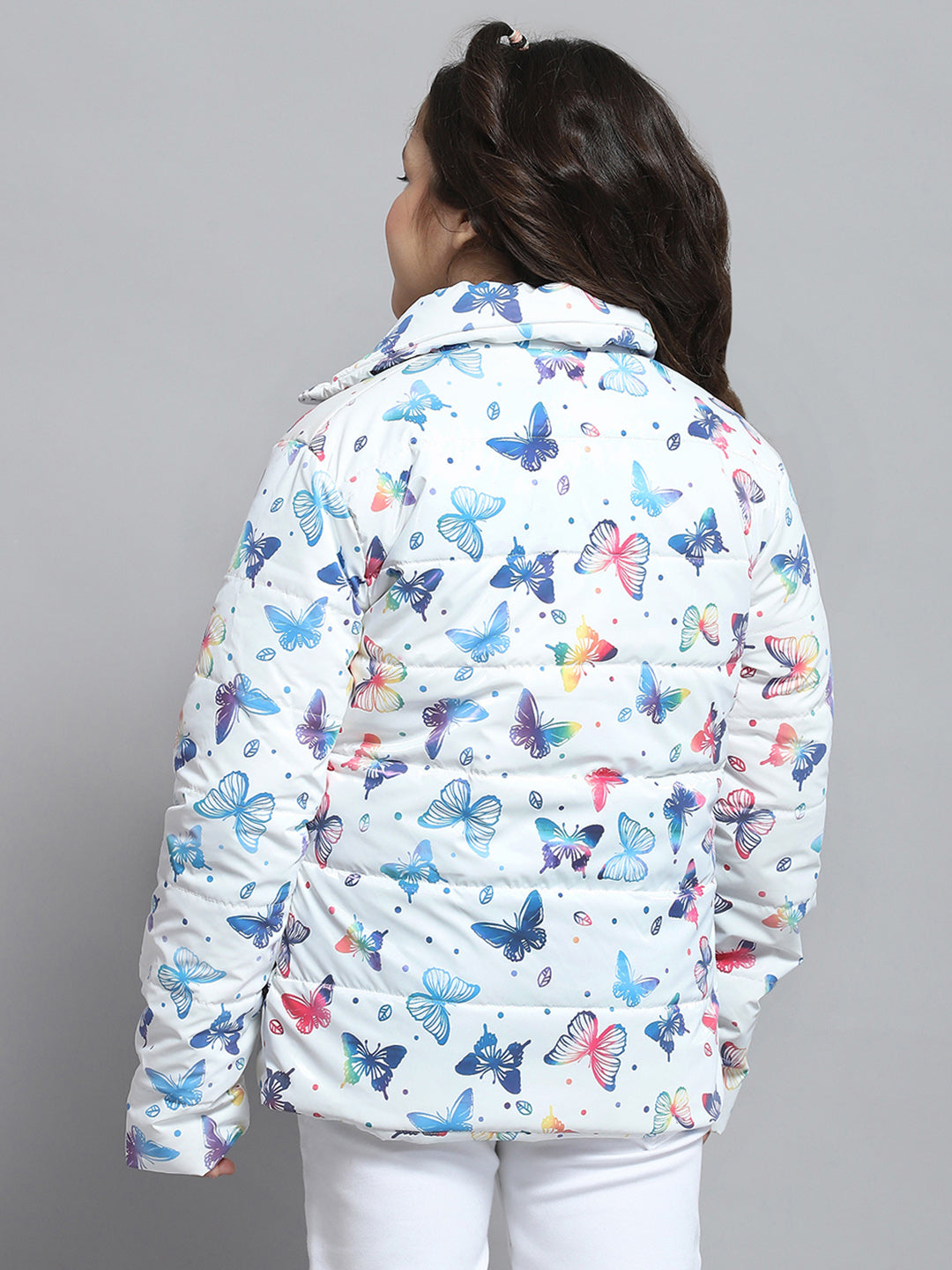 Girls White Printed Collar Full Sleeve Jacket