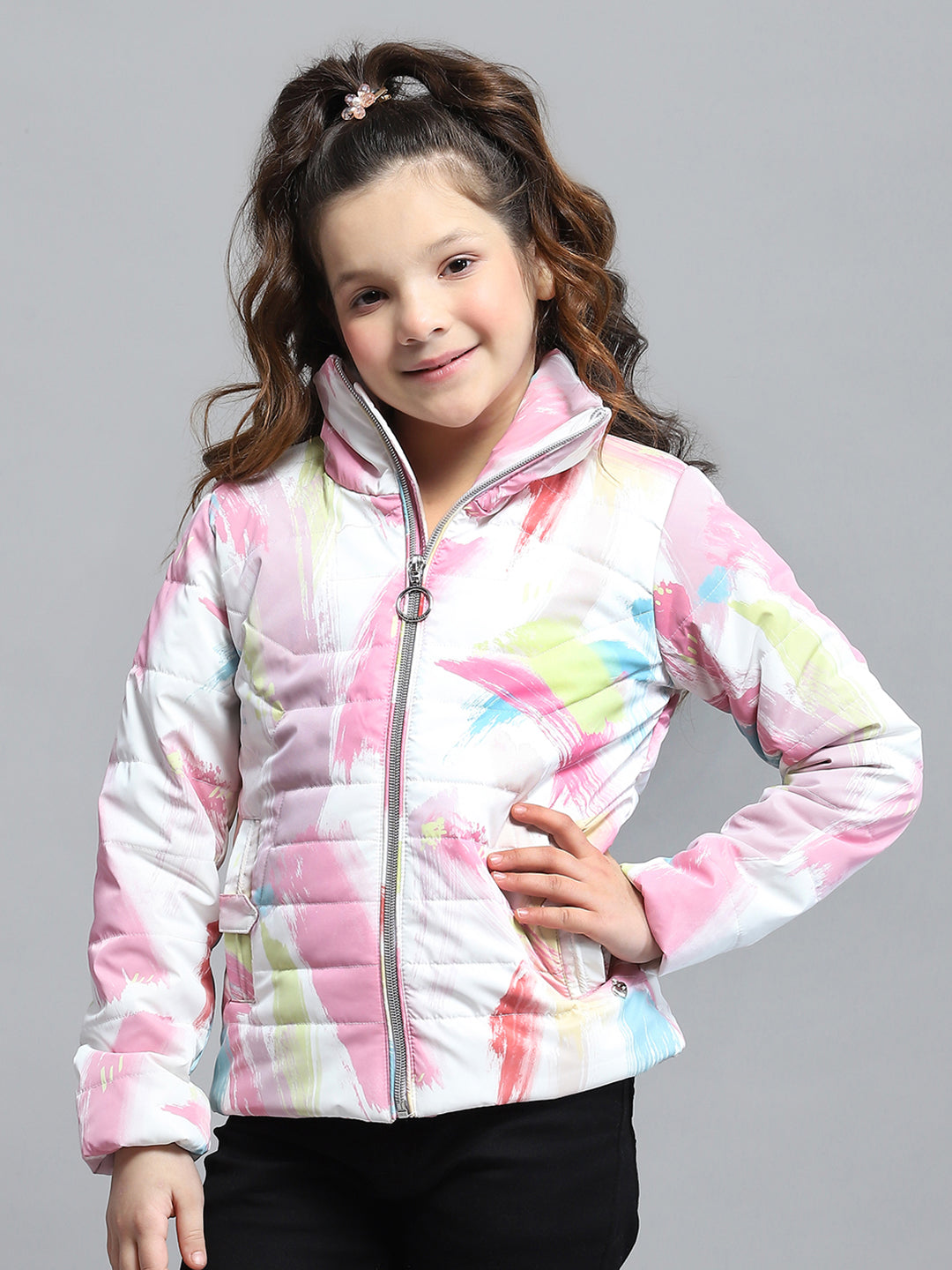 Girls Pink Printed Collar Full Sleeve Jacket