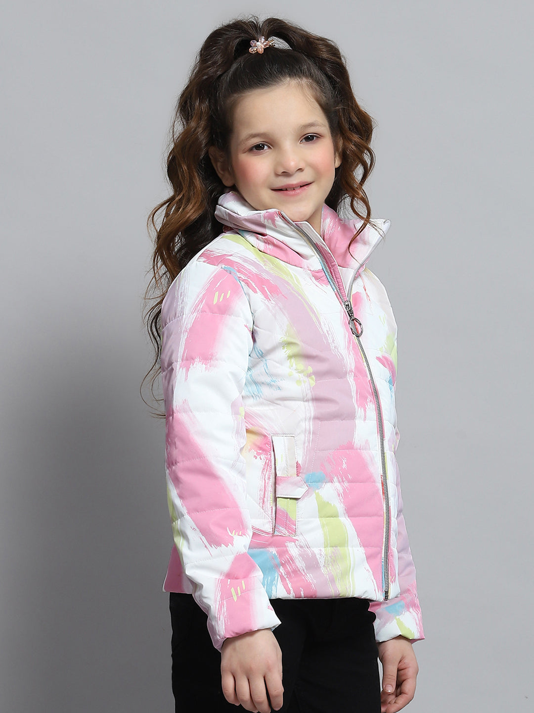 Girls Pink Printed Collar Full Sleeve Jacket