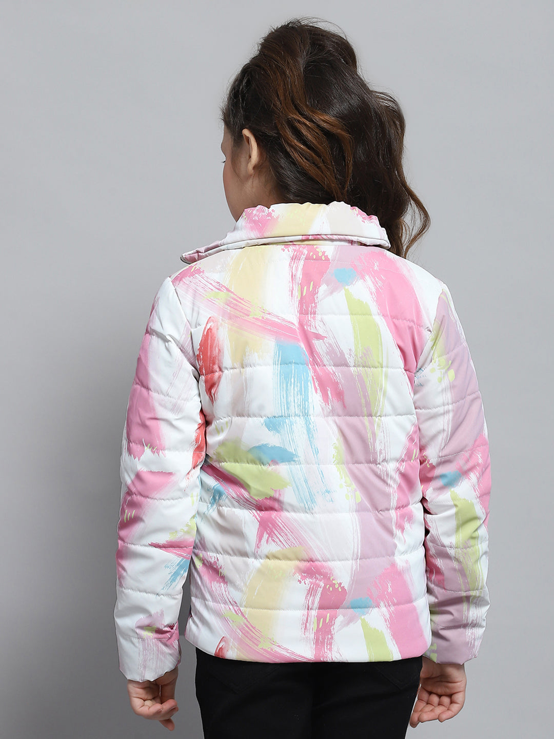 Girls Pink Printed Collar Full Sleeve Jacket