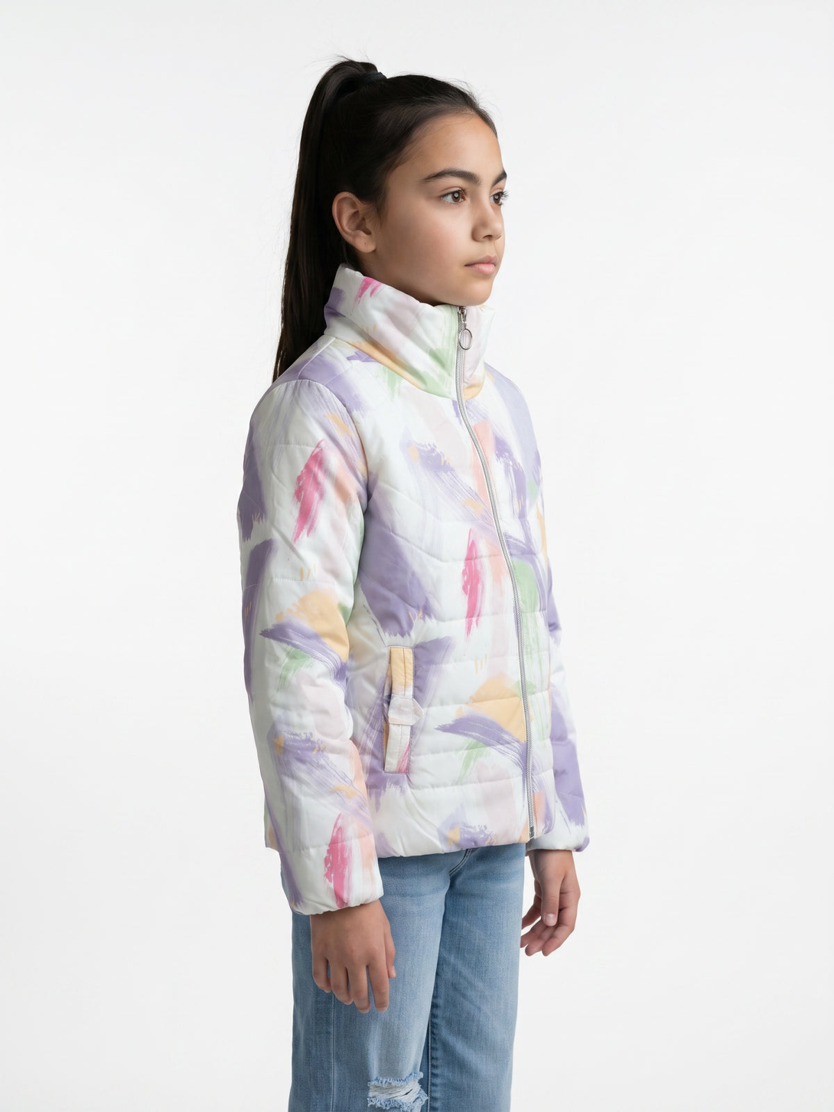 Girls Purple Printed High Neck Full Sleeve Puffer Jacket