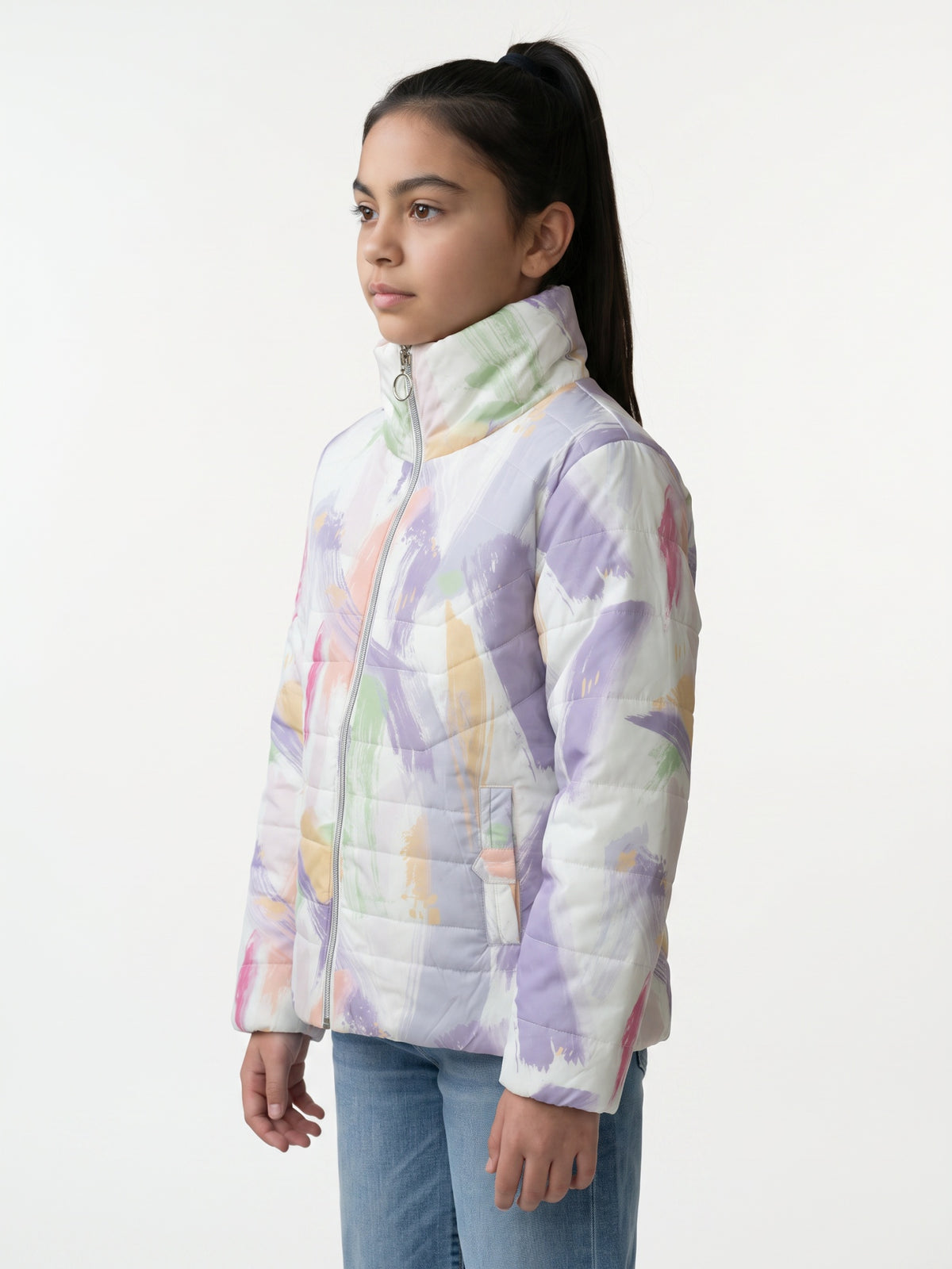 Girls Purple Printed High Neck Full Sleeve Puffer Jacket