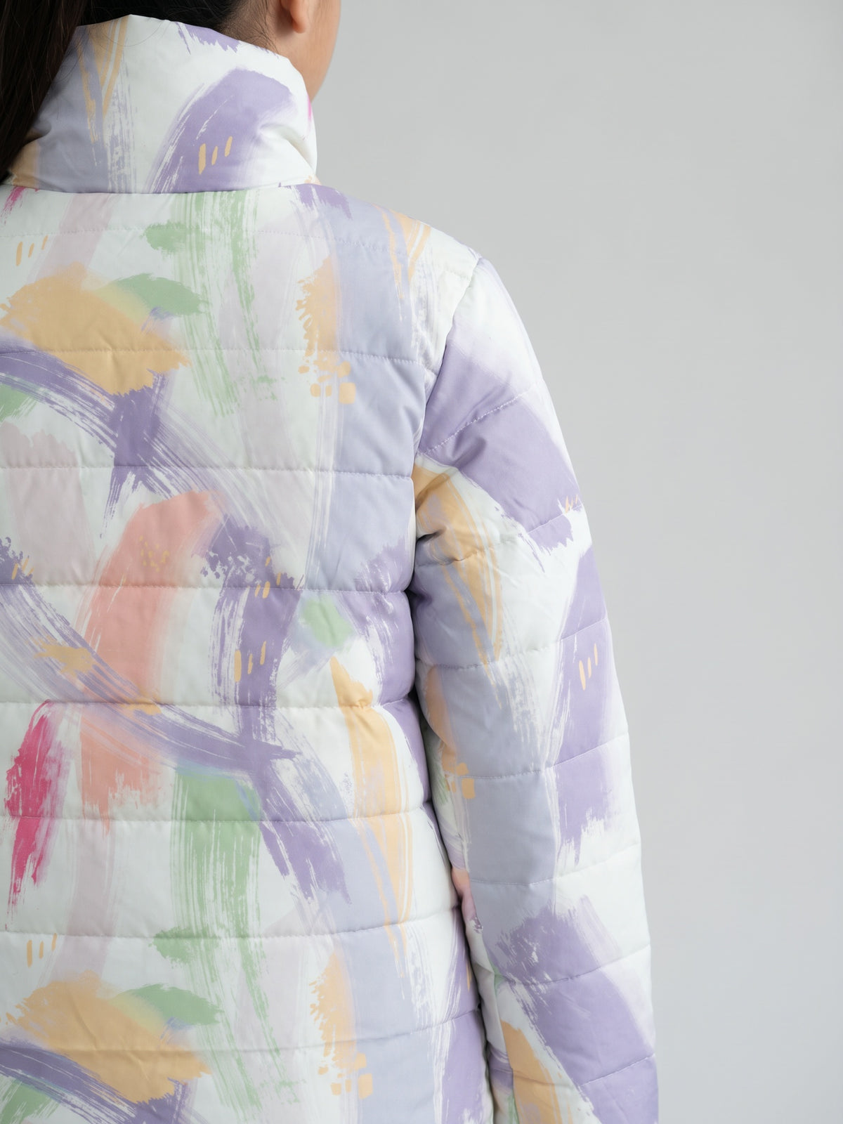 Girls Purple Printed High Neck Full Sleeve Puffer Jacket