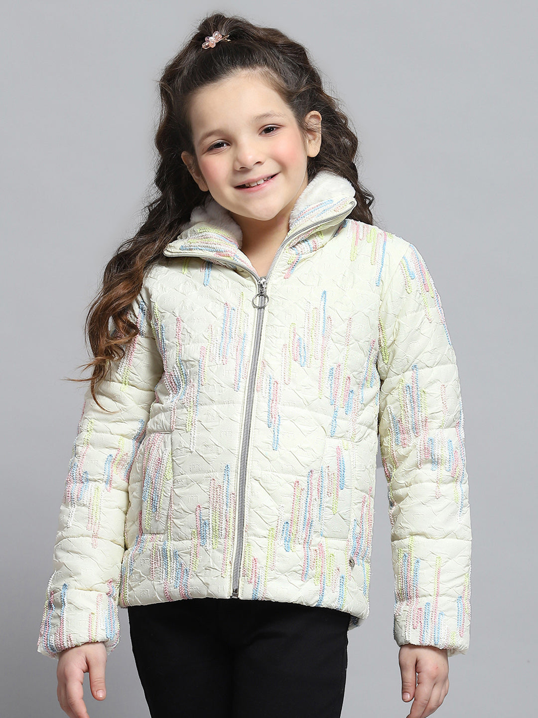 Girls Off White Self Design Collar Full Sleeve Jacket