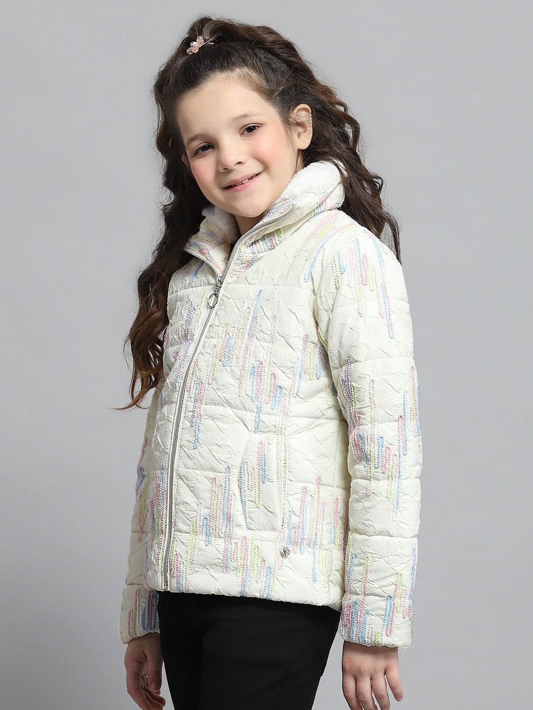 Girls Off White Self Design Collar Full Sleeve Jacket