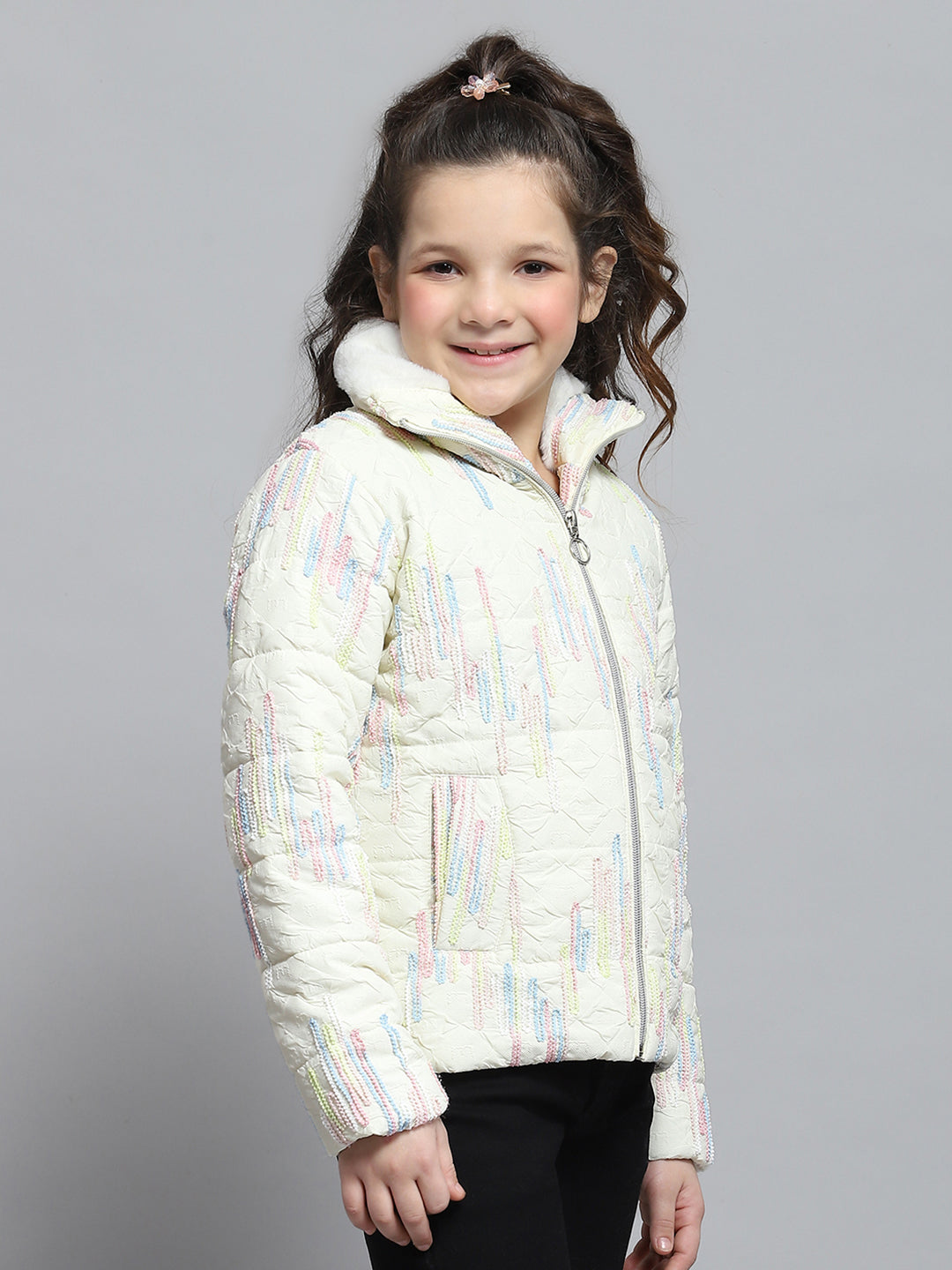 Girls Off White Self Design Collar Full Sleeve Jacket