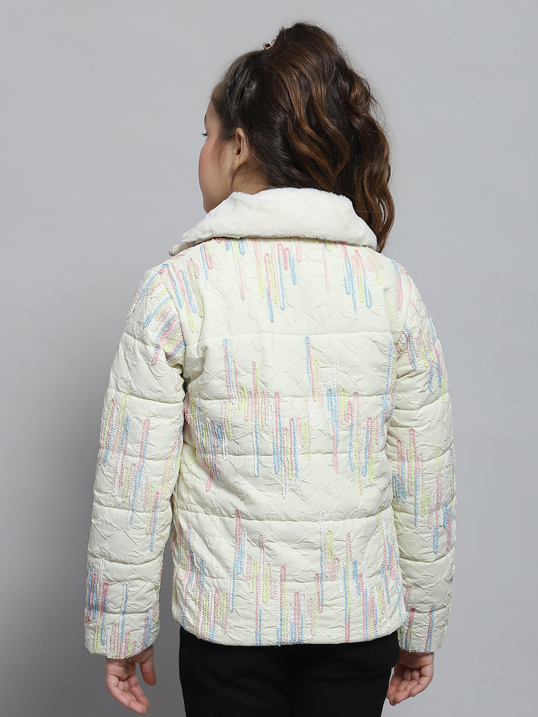 Girls Off White Self Design Collar Full Sleeve Jacket