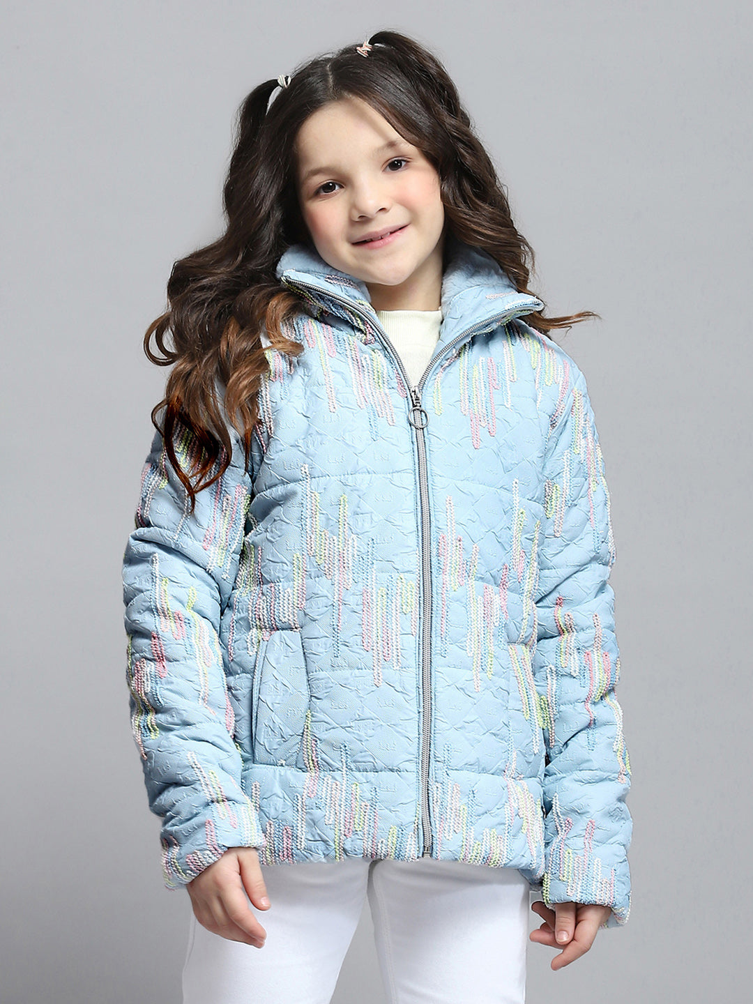 Girls Blue Self Design Collar Full Sleeve Jacket