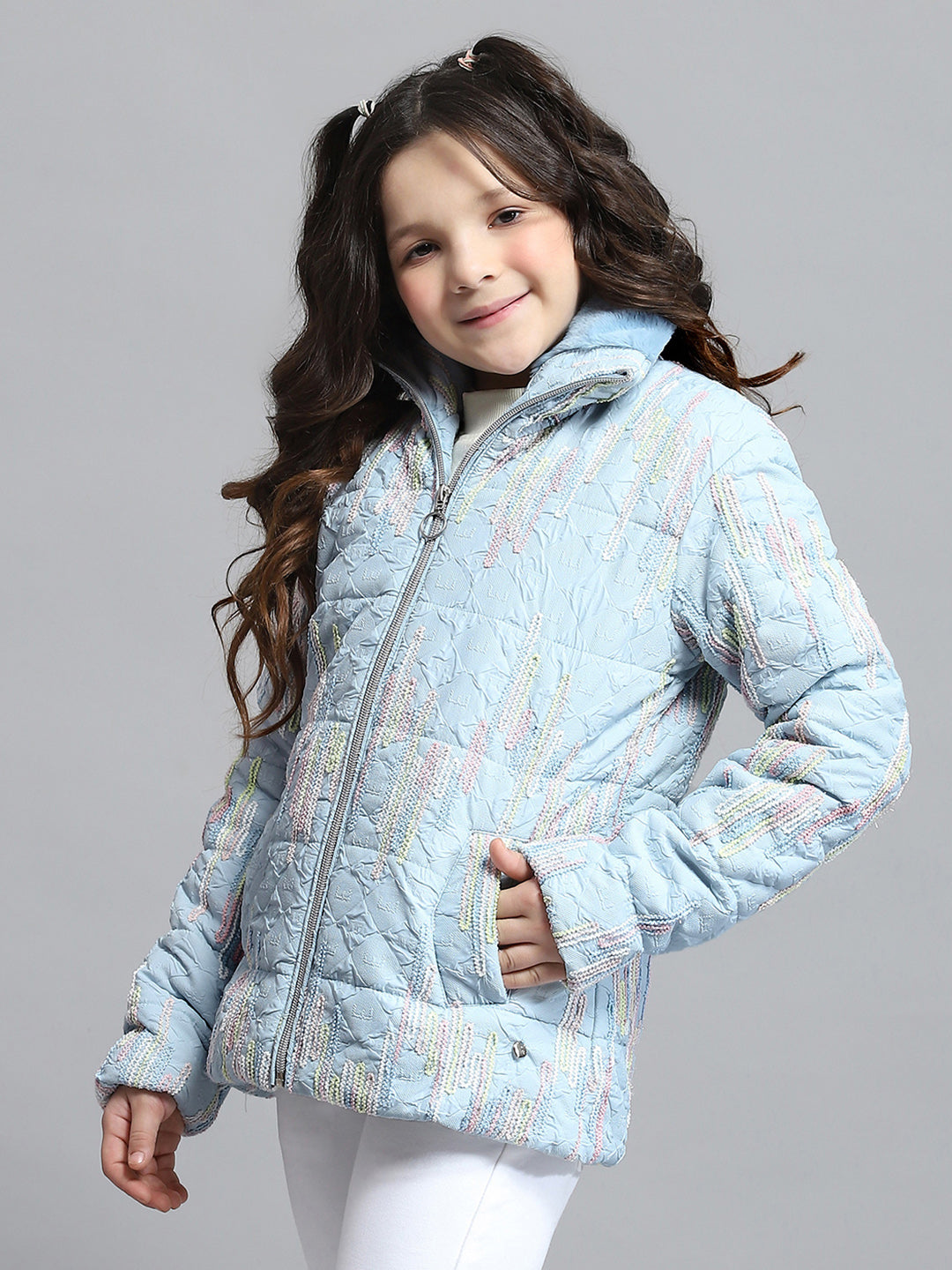 Girls Blue Self Design Collar Full Sleeve Jacket