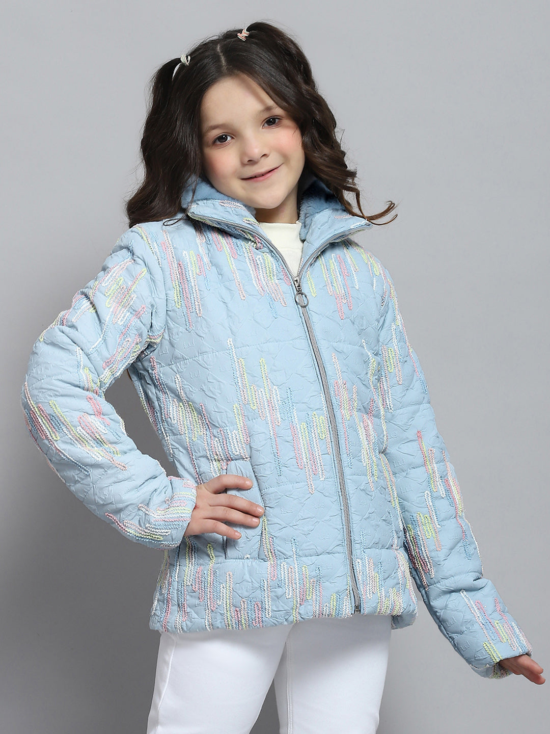 Girls Blue Self Design Collar Full Sleeve Jacket