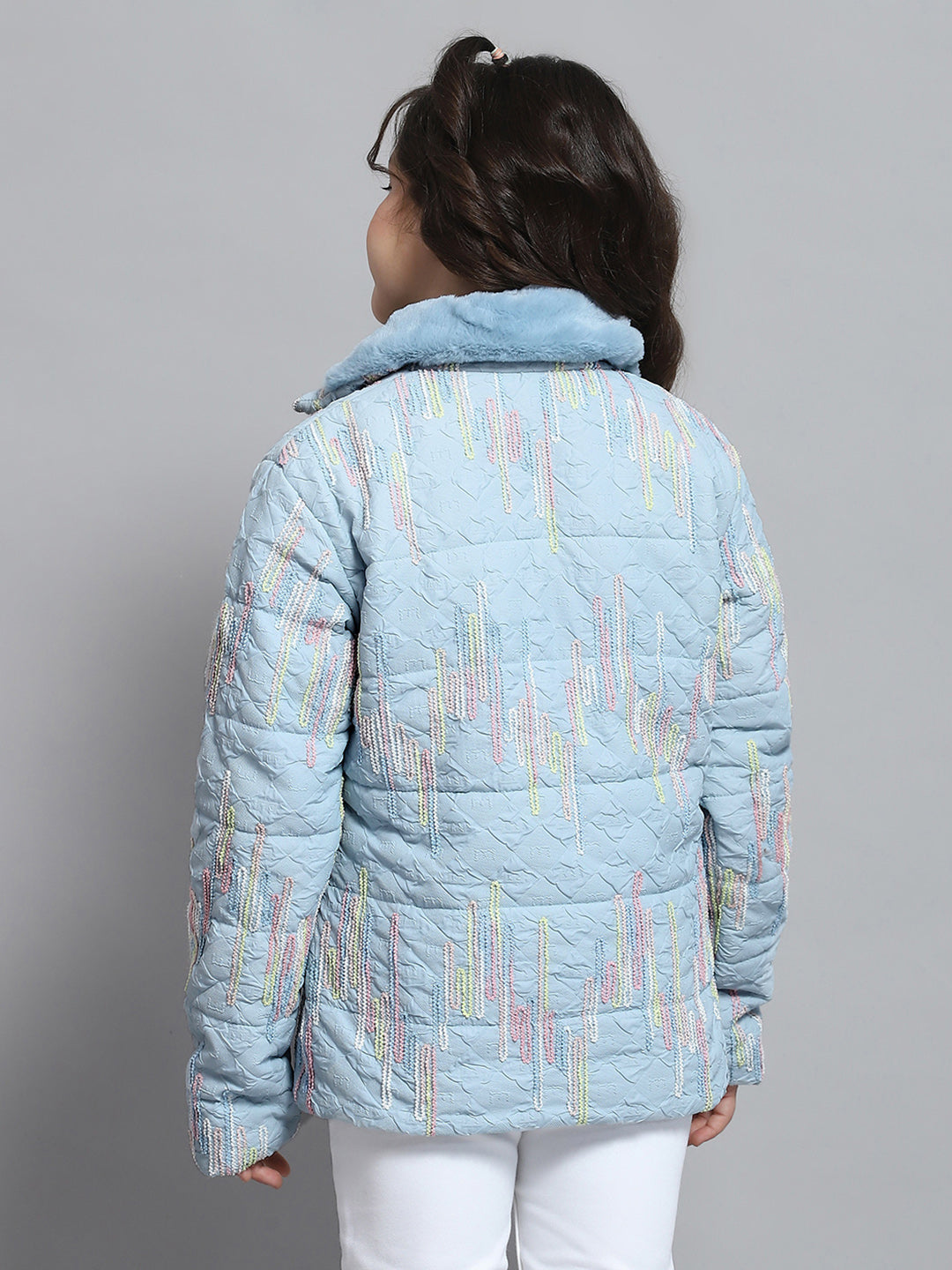 Girls Blue Self Design Collar Full Sleeve Jacket