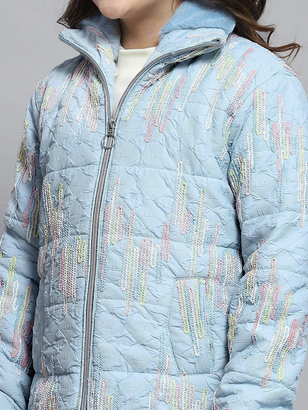 Girls Blue Self Design Collar Full Sleeve Jacket