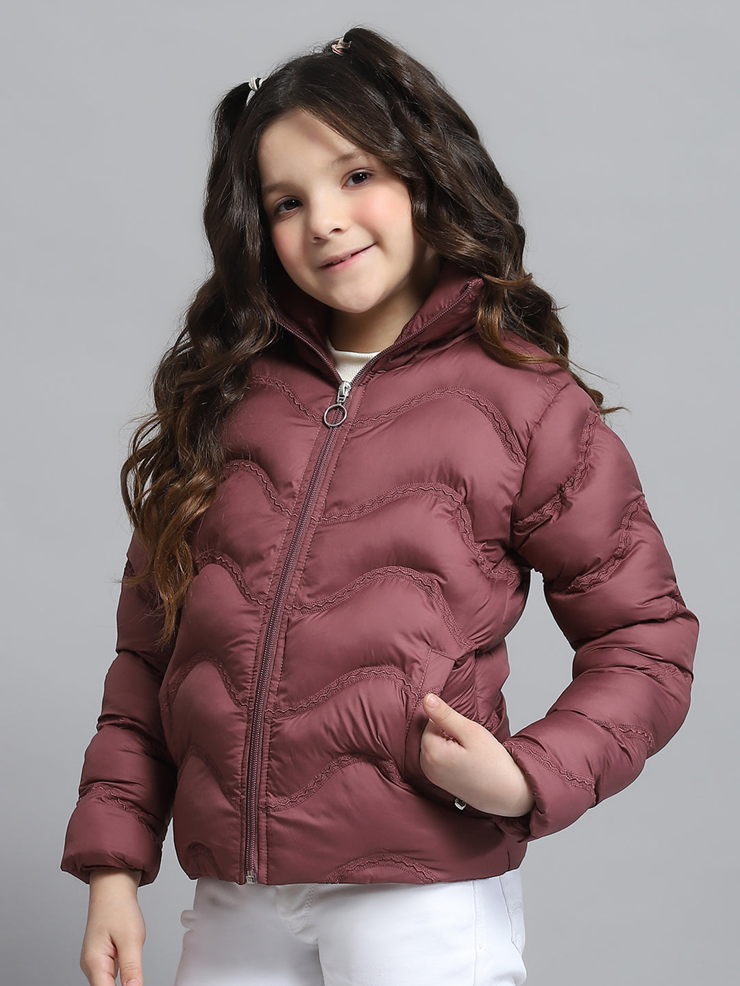 Girls Maroon Self Design Collar Full Sleeve Jacket
