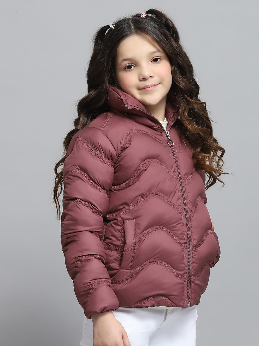 Girls Maroon Self Design Collar Full Sleeve Jacket