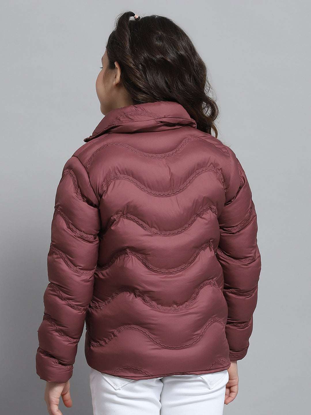 Girls Maroon Self Design Collar Full Sleeve Jacket