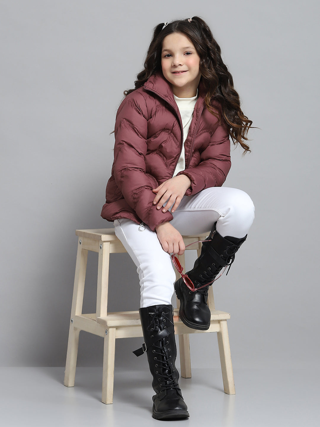 Girls Maroon Self Design Collar Full Sleeve Jacket