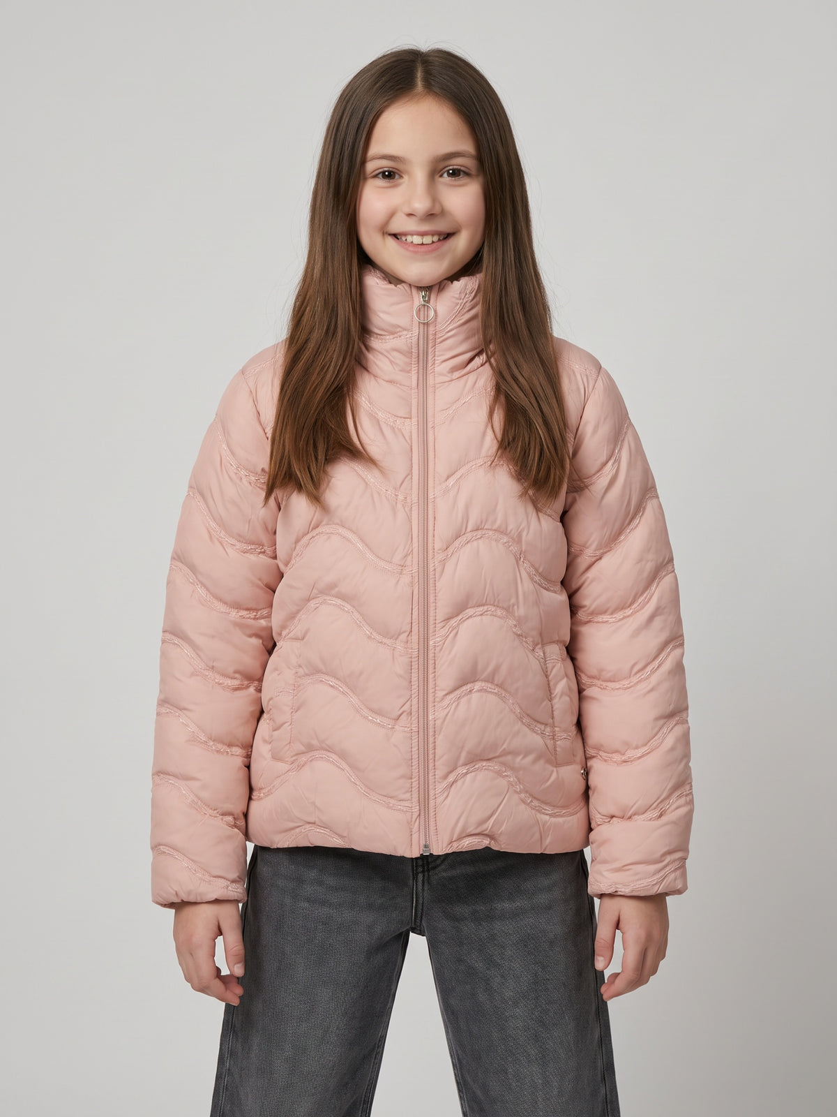 Girls Pink Embroidered High Neck Full Sleeve Puffer Jacket