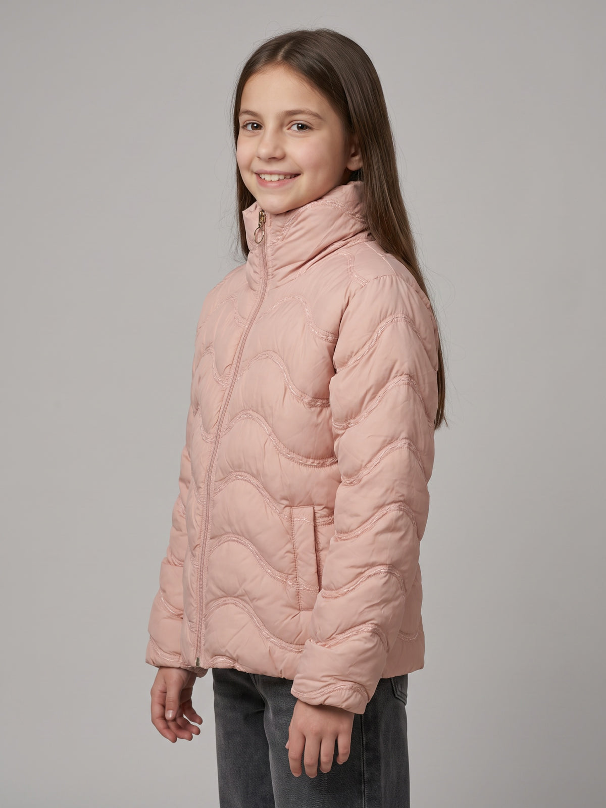 Girls Pink Embroidered High Neck Full Sleeve Puffer Jacket