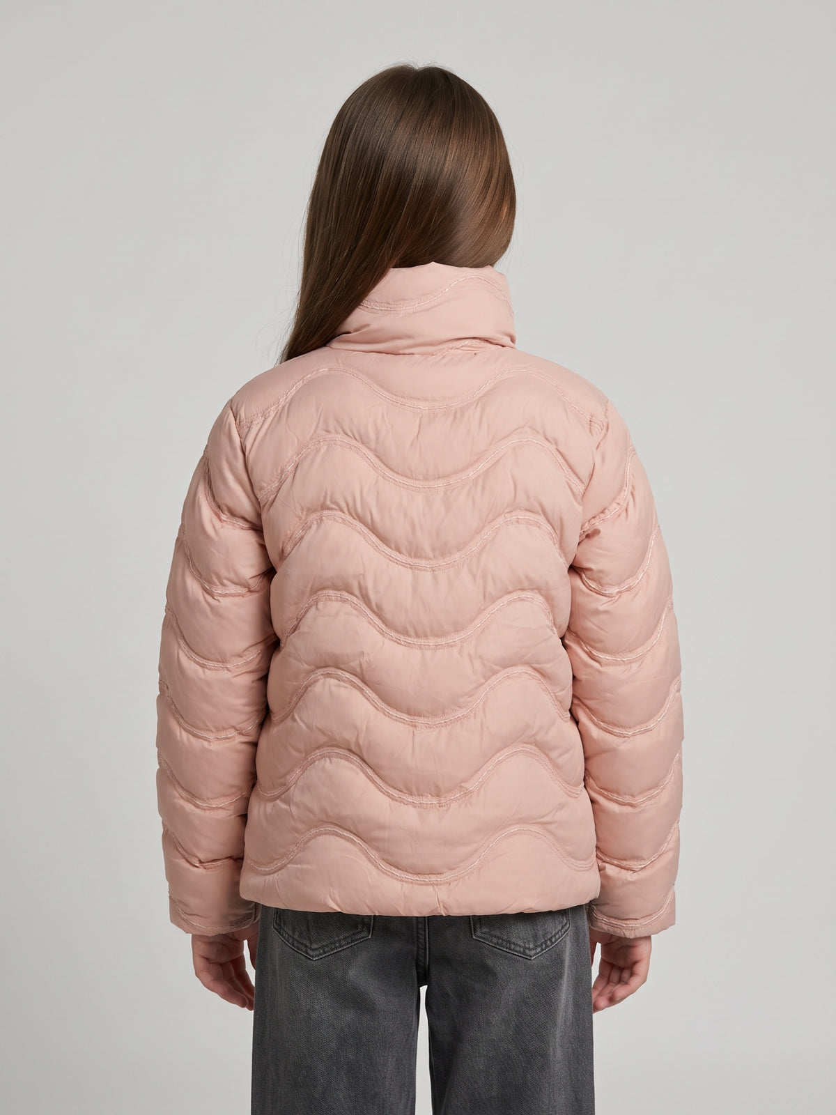 Girls Pink Embroidered High Neck Full Sleeve Puffer Jacket