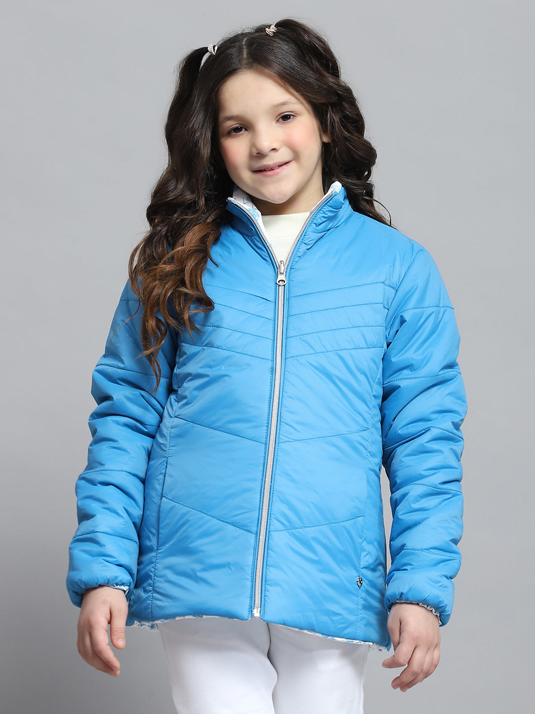 Girls Blue Self Design Collar Full Sleeve Reversible Jacket