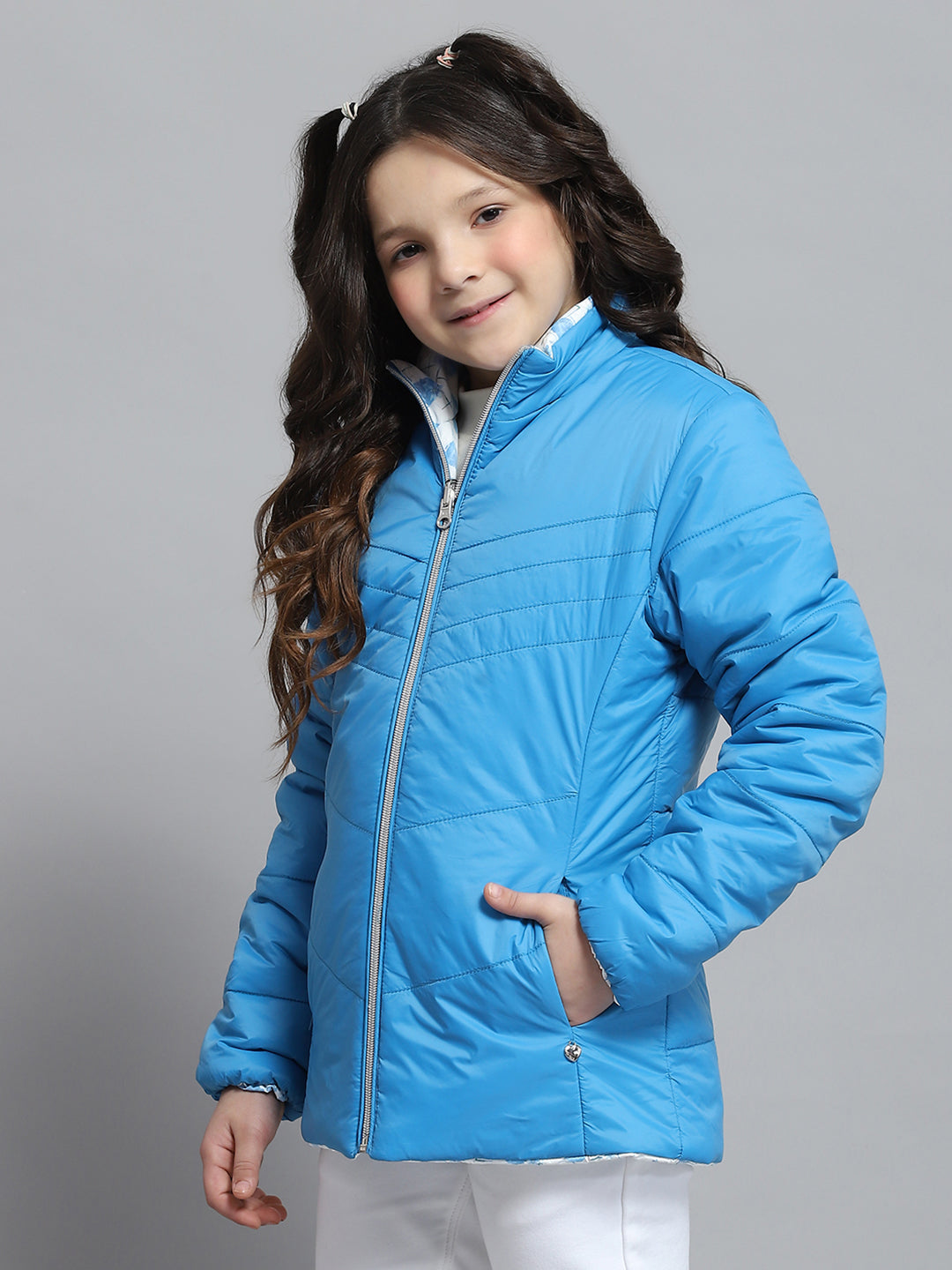 Girls Blue Self Design Collar Full Sleeve Reversible Jacket