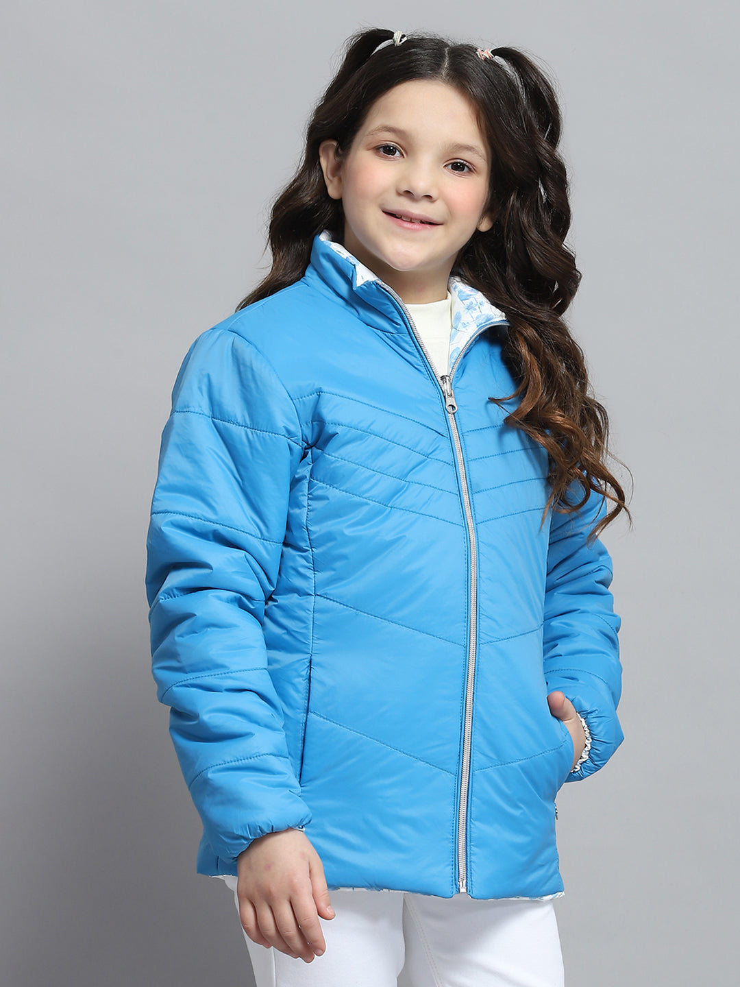 Girls Blue Self Design Collar Full Sleeve Reversible Jacket