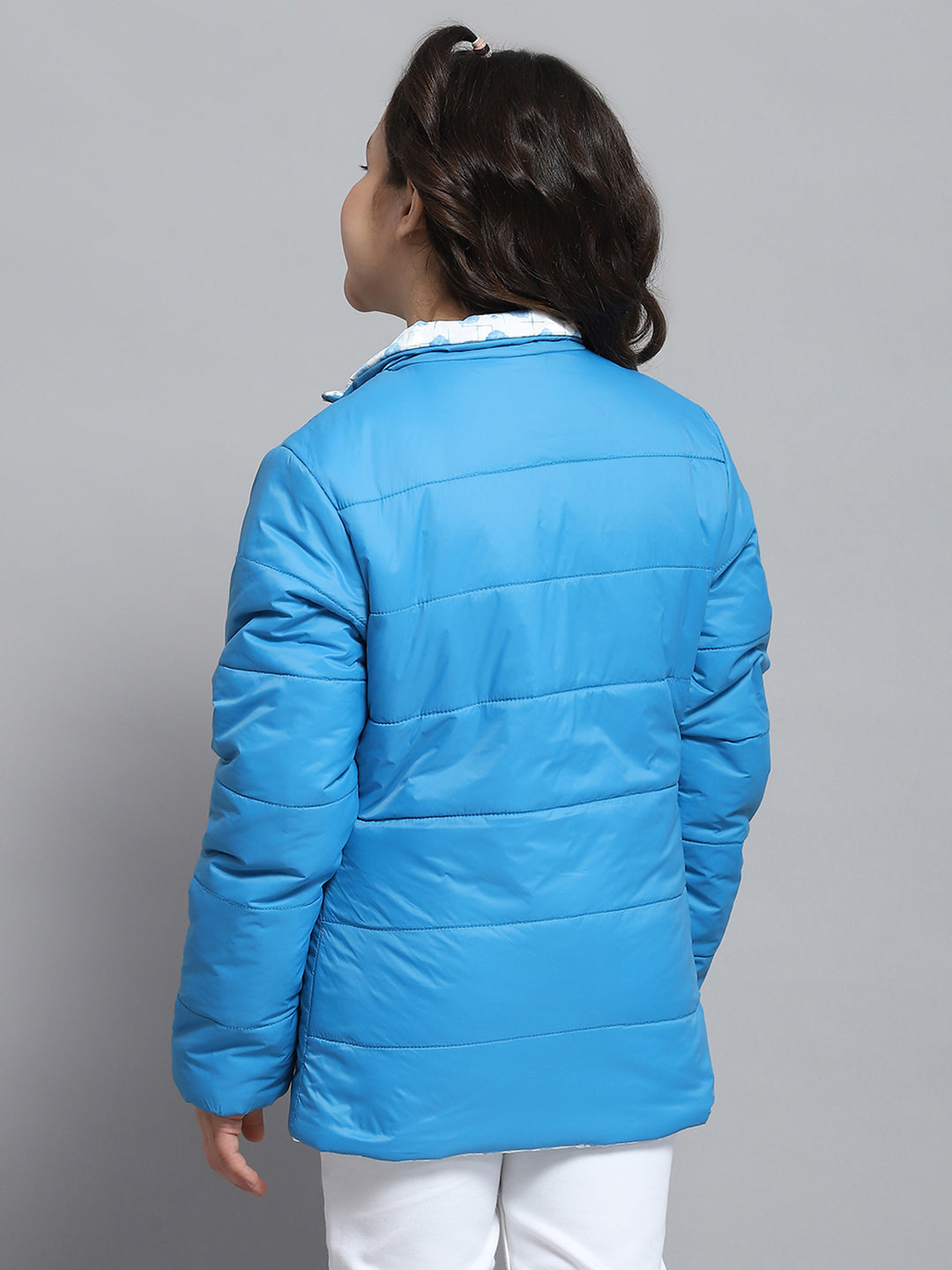 Girls Blue Self Design Collar Full Sleeve Reversible Jacket