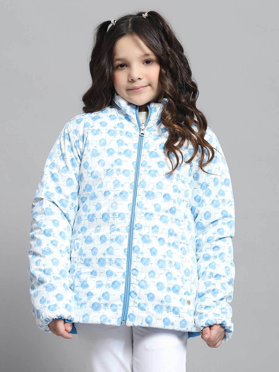Girls Blue Self Design Collar Full Sleeve Reversible Jacket