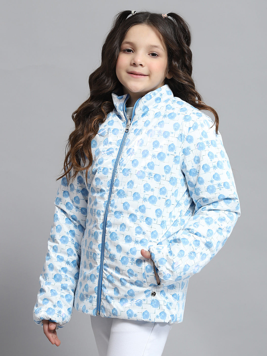 Girls Blue Self Design Collar Full Sleeve Reversible Jacket