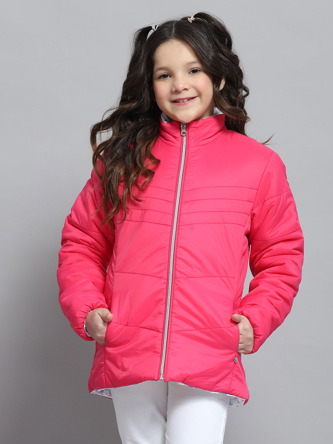 Girls Magenta Self Design Collar Full Sleeve Reversible Jacket