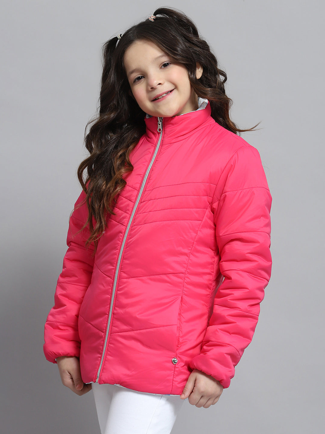 Girls Magenta Self Design Collar Full Sleeve Reversible Jacket