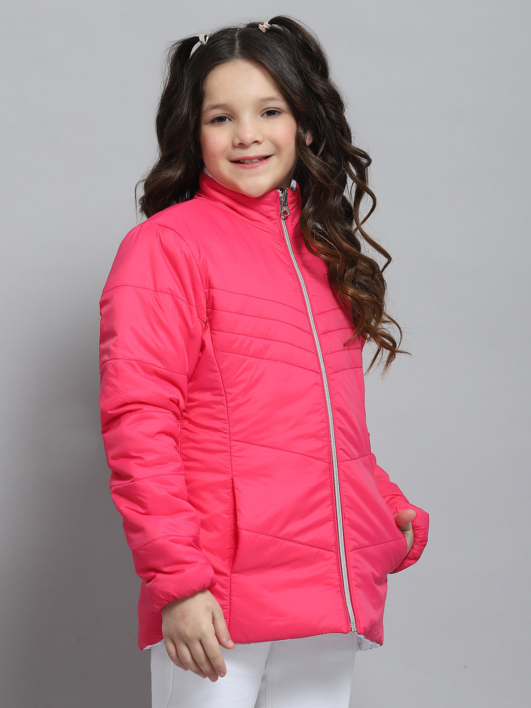 Girls Magenta Self Design Collar Full Sleeve Reversible Jacket